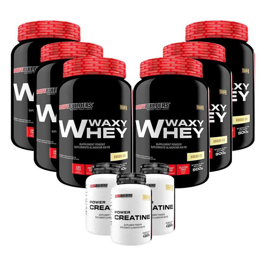 Kit 6x Waxy Whey 900g + 3x Power Creatina 100g - Bodybuilders Morango