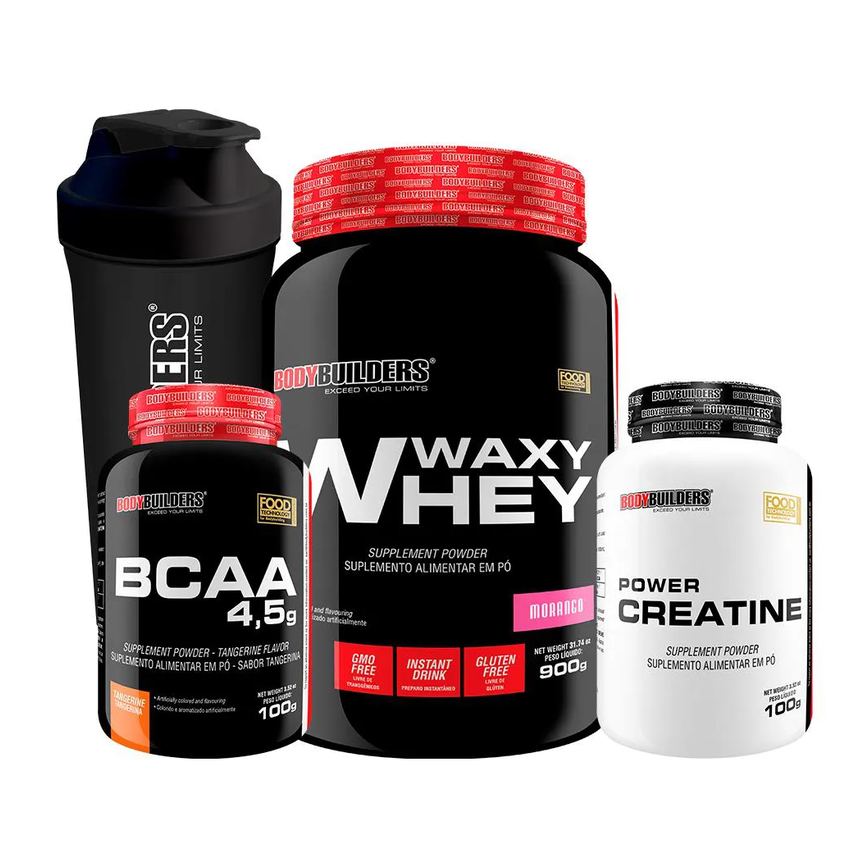 Kit Waxy Whey 900g + Power Creatina 100g + Bcaa 100g + Coqueteleira - Bodybuilders Morango