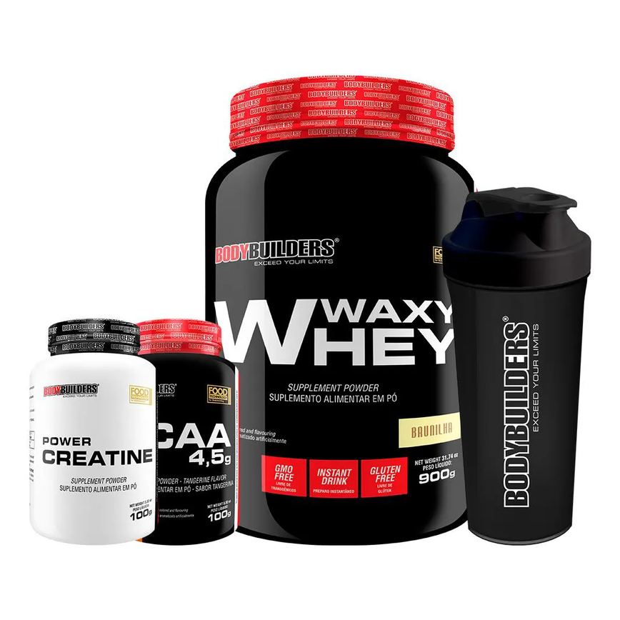 Kit Waxy Whey 900g + Bcaa 100g + Power Creatina 100g + Coqueteleira - Bodybuilders Morango