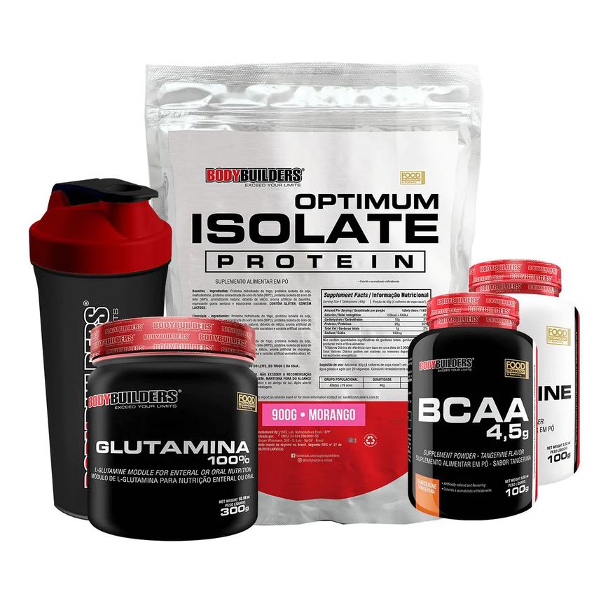 Kit Optimum Isolate Whey Protein 900g +bcaa 100g +creatina 100g +glutamina 300g + Coqueteleira Sabor Morango - Bodybuilders