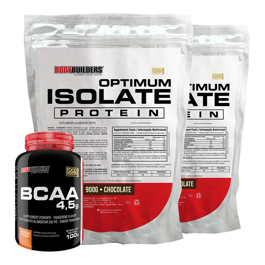 Kit 2x Optimum Isolate Whey Protein 900g + Bcaa 100g - Bodybuilders Sabor Chocolate