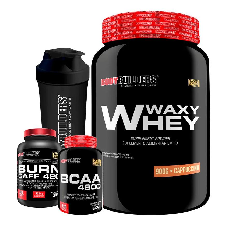 Kit Waxy Whey 900g + Bcaa 4800 120 cápsulas + Pré Treino 60 cápsulas + Coqueteleira - Bodybuilders Cappuccino
