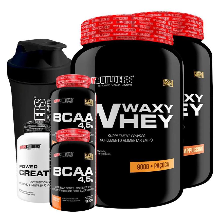 Kit 2x Waxy Whey 900g + 2x Bcaa 4.5 100g + Power Creatina 100g + Coqueteleira - Bodybuilders Cappuccino e Paçoca