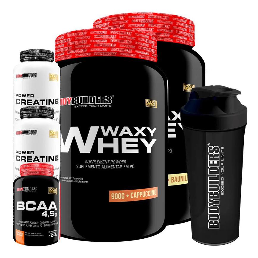 Kit 2x Waxy Whey 900g + Bcaa 4.5 100g + 2x Power Creatina 100g + Coqueteleira - Bodybuilders Baunilha e Cappuccino
