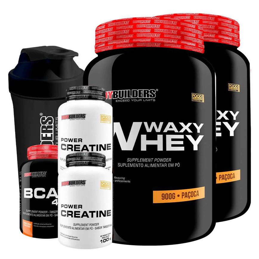 Kit 2x Waxy Whey 900g + Bcaa 4.5 100g + 2x Power Creatina 100g + Coqueteleira - Bodybuilders Paçoca