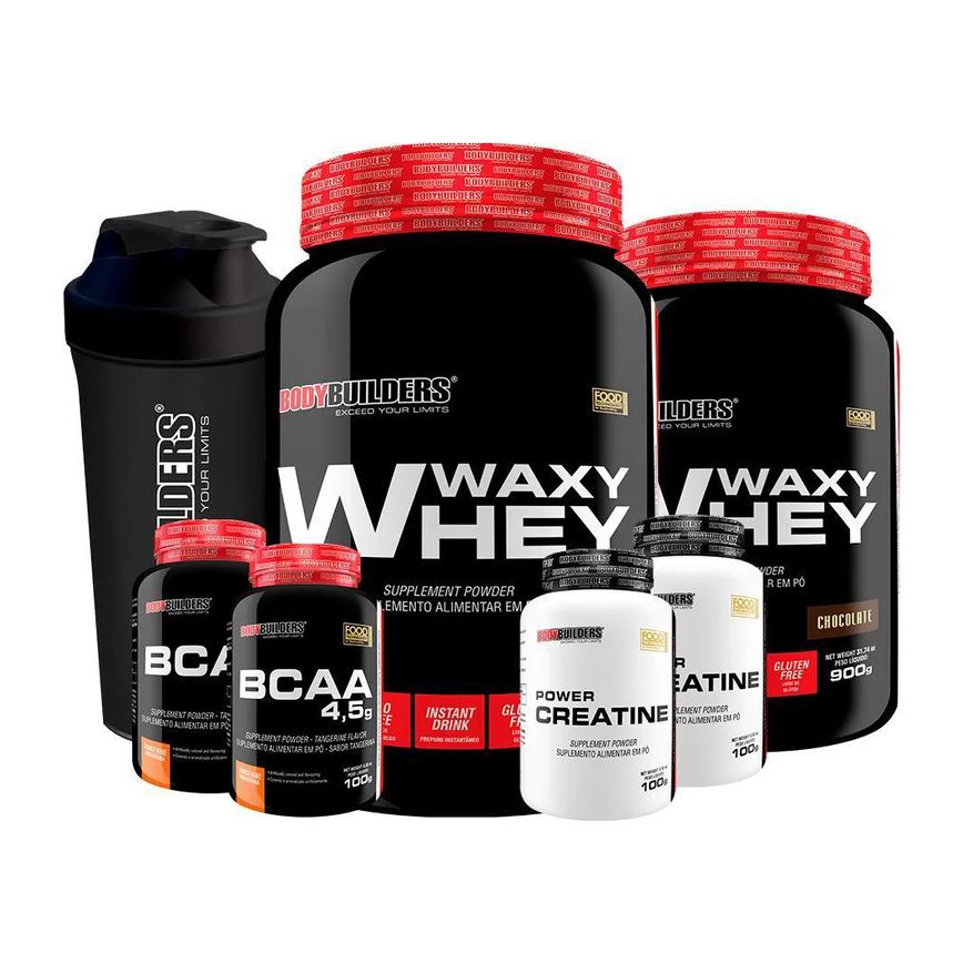 Kit 2x Waxy Whey 900g Sabor Chocolate e Morango + 2x Bcaa 100g Tangerina + 2x Power Creatina 100g + Coqueteleira - Bodybuilders