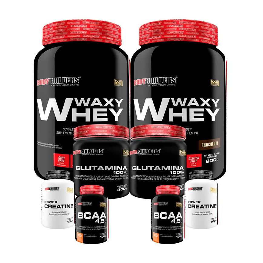 Kit 2x Waxy Whey 900g + 2x Power Creatina 100g + 2x Glutamina 300g + 2x Bcaa 4.5 100g - Bodybuilders Chocolate