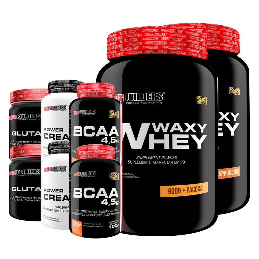 Kit 2x Waxy Whey 900g + 2x Power Creatina 100g + 2x Glutamina 300g + 2x Bcaa 4.5 100g - Bodybuilders Cappuccino e Paçoca