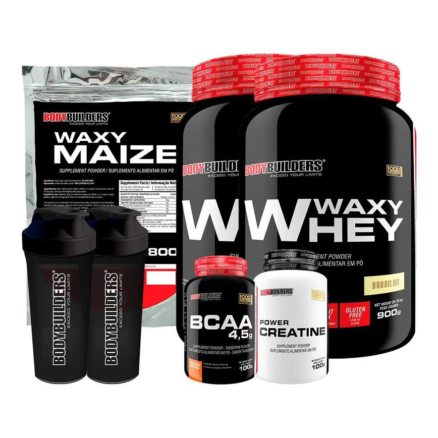 Kit 2x Waxy Whey 900g + Waxy Maize 800g + Power Creatina 100g + Bcaa 4.5 100g + 2x Coqueteleira - Bodybuilders Cappuccino