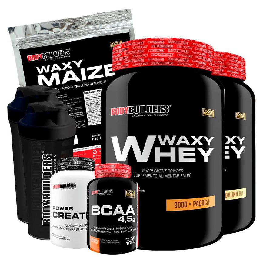 Kit 2x Waxy Whey 900g + Waxy Maize 800g + Power Creatina 100g + Bcaa 4.5 100g + 2x Coqueteleira - Bodybuilders Baunilha e Paçoca
