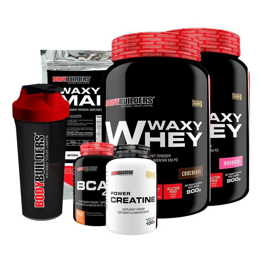 Kit 2x Waxy Whey 900g + Bcaa 100g + Power Creatine 100g + Waxy Maize 800g + Coq – Bodybuilders Morango e Baunilha