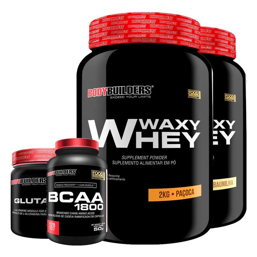 Kit 2x Whey Protein Waxy Whey 2kg + Glutamina 300g + Bcaa 1800 120 cápsulas - Bodybuilders Baunilha e Paçoca