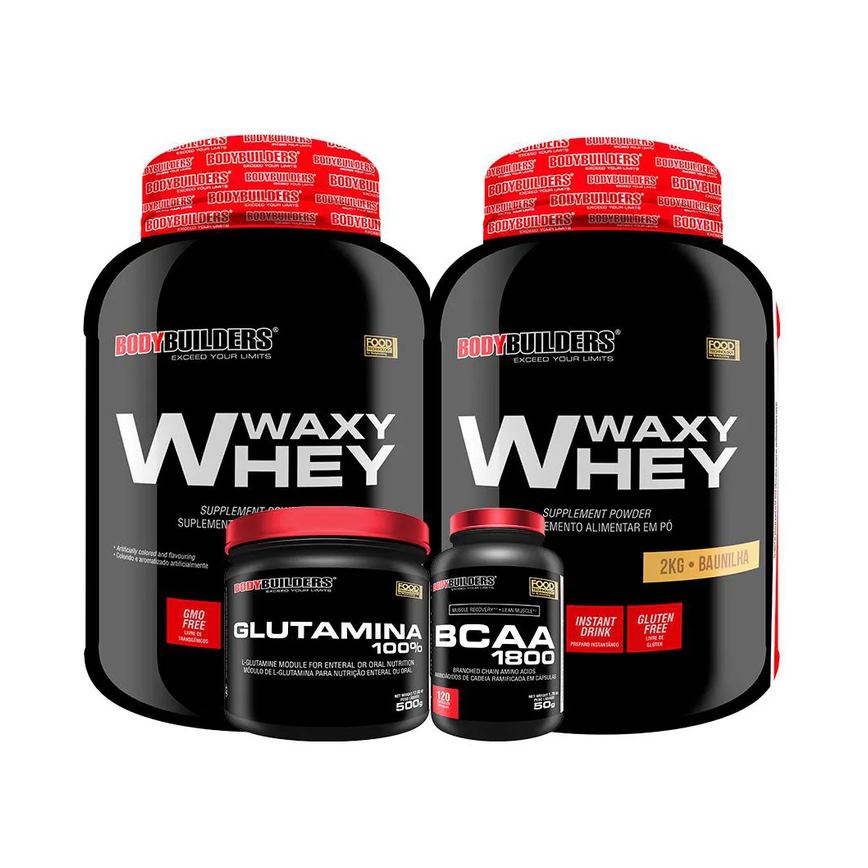 Kit 2x Whey Protein Waxy Whey 2kg + Glutamina 500g + Bcaa 1800 120 cápsulas - Bodybuilders Baunilha
