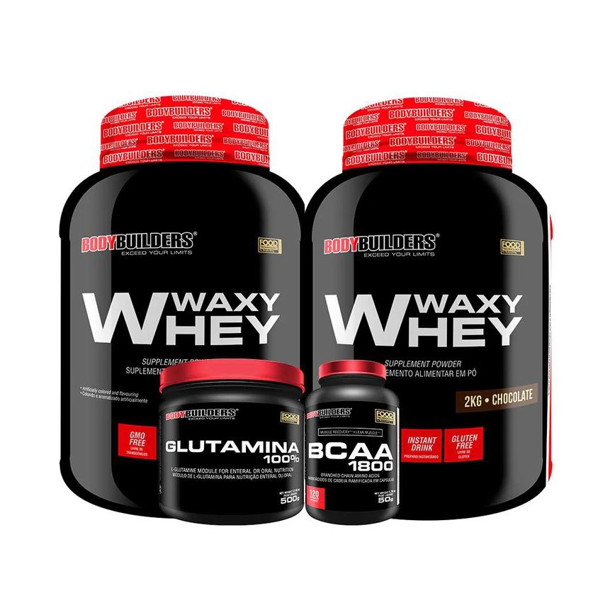 Kit 2x Whey Protein Waxy Whey 2kg + Glutamina 500g + Bcaa 1800 120 cápsulas - Bodybuilders Chocolate