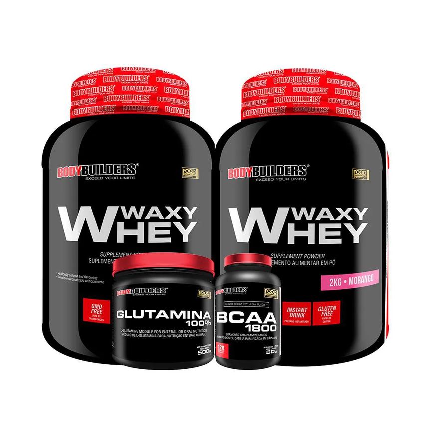 Kit 2x Whey Protein Waxy Whey 2kg + Glutamina 500g + Bcaa 1800 120 cápsulas - Bodybuilders Morango
