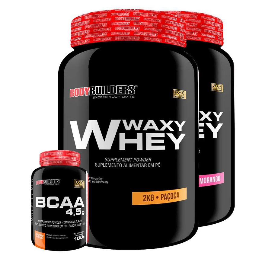 Kit 2x Waxy Whey 2kg + Bcaa 1kg Tangerina - Bodybuilders Morango e Paçoca