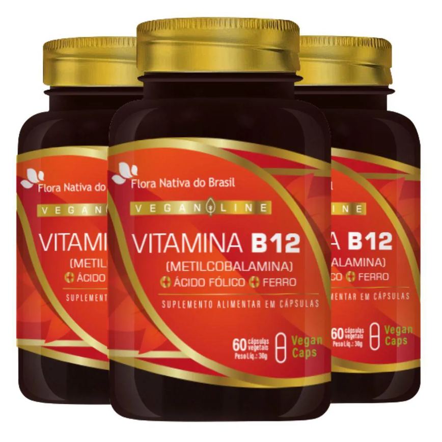 Kit 3x Vitamina B12 + Ferro + Ácido Fólico 60 Vegan cápsulas - Flora Nativa