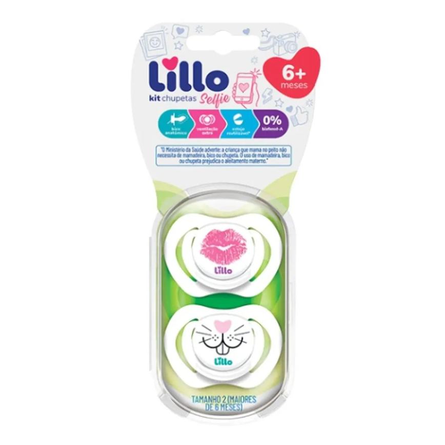 Kit 2 Chupetas Bico de Silicone Design Selfie 6M+ Rosa Lillo
