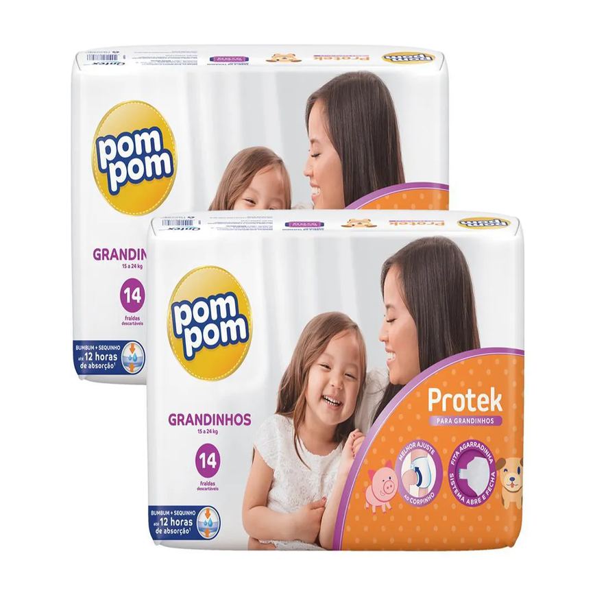 Kit Fralda Pom Pom Protek para Grandinhos 15 a 24kg 14 unidades 2 Pacotes