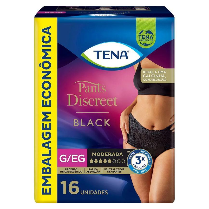Calcinha Descartável Tena Pants Discreet Preta G/EG 16 Unidades