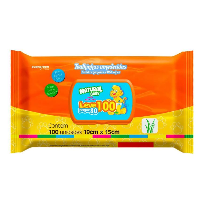 Lenço Umedecido Ever Green Natural Baby Aloe Vera Sem Álcool Suave como Algodão 100 unidades