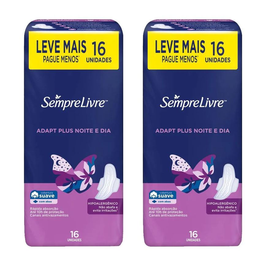 Kit 2 Absorventes Externo Sempre Livre Adapt Plus Noite e Dia com Abas 16 unidades