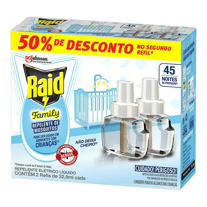 Repelente Líquido Elétrico Raid Family 45 Noites 2 Unidades de 32,9ml cada