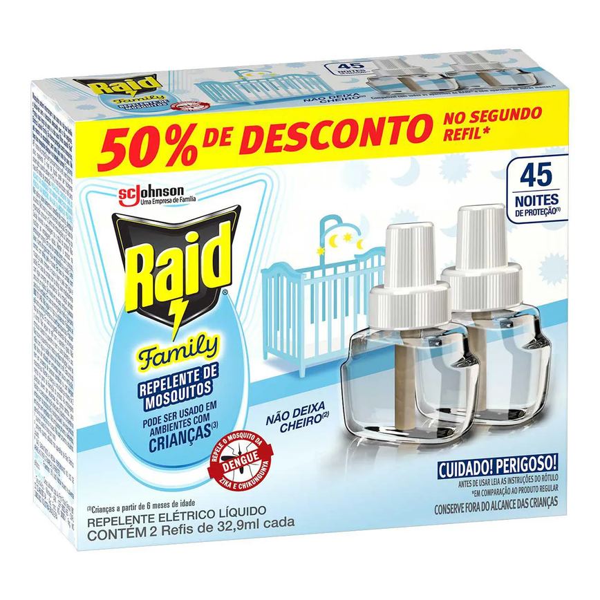 Repelente Líquido Elétrico Raid Family 45 Noites 2 Unidades de 32,9ml cada