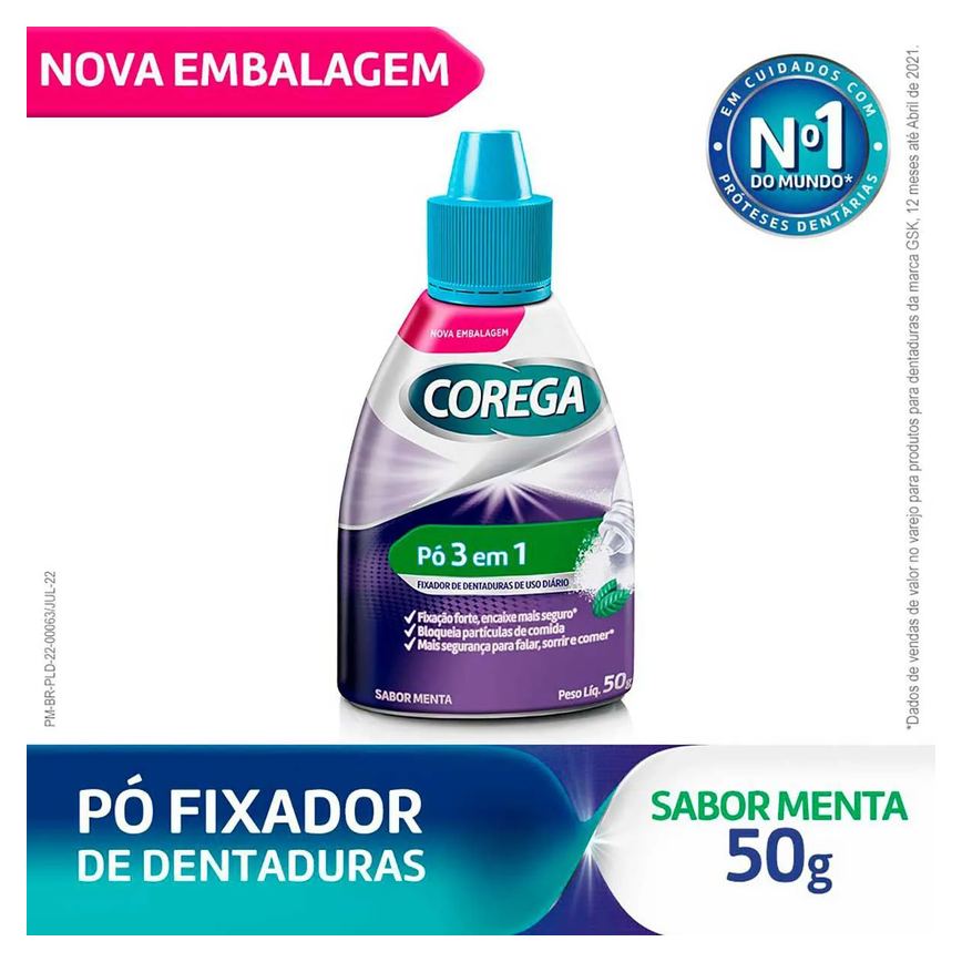 Pó Fixador de Dentaduras Corega 3 em 1 Sabor Menta 50g