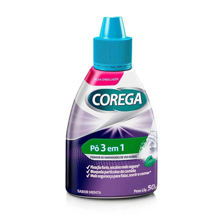 Pó Fixador de Dentaduras Corega 3 em 1 Sabor Menta 50g