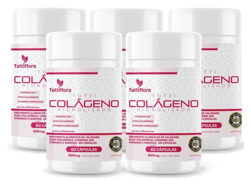 Kit com 05 - Colágeno Hidrolisado + Ácido Hialurônico + Q10 + Biotina + Vit 60 cápsulas 600mg Tuttiflora