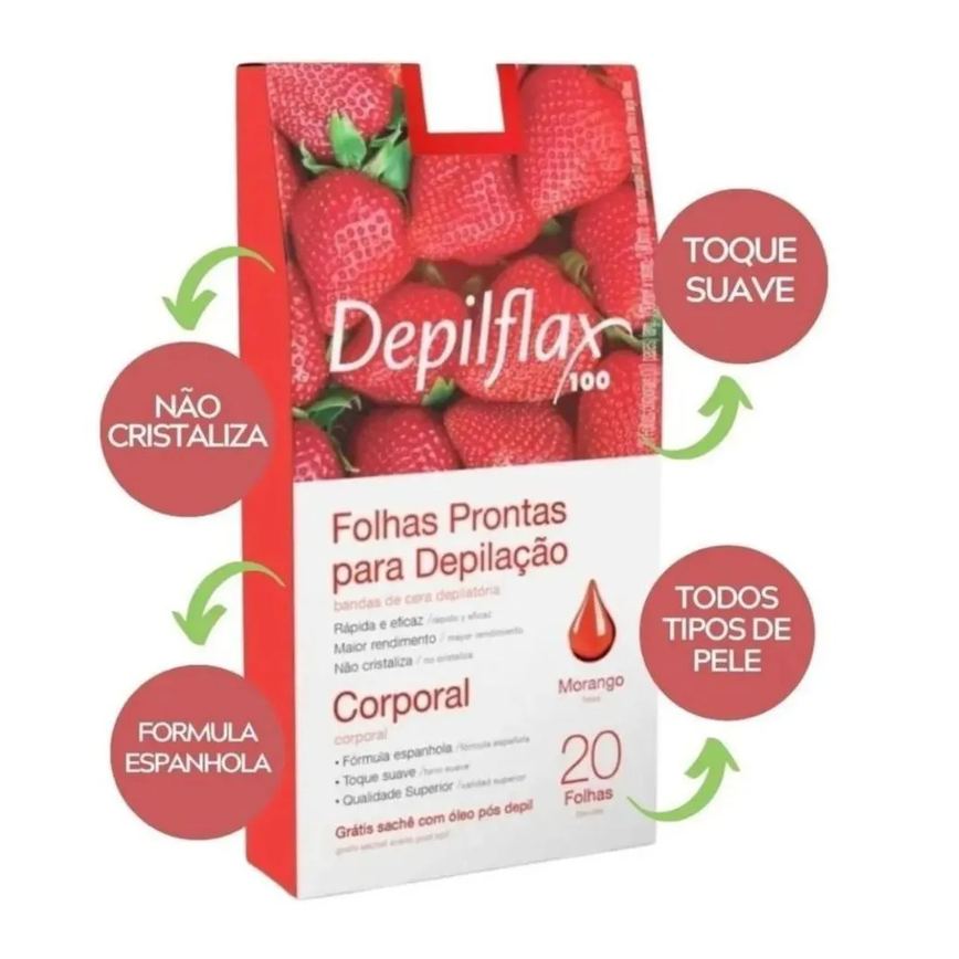 Folhas Prontas Depilflax para Depilação Corporal Morango C/20