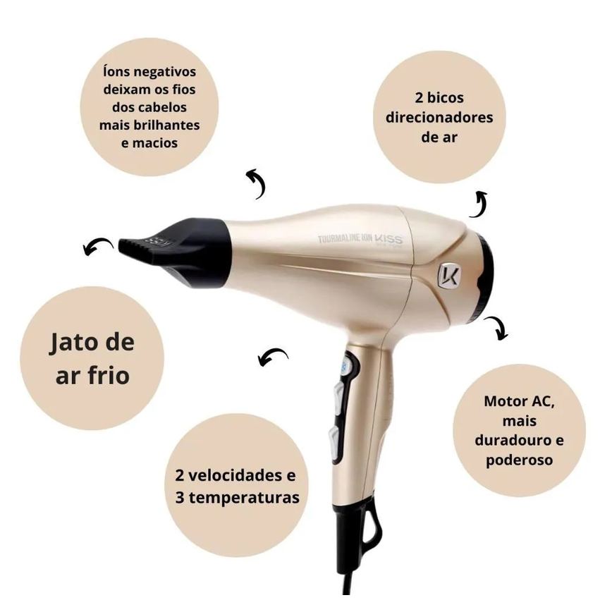 Secador Kiss New York Tourmaline Ion Dourado 2000w 220v Bdp06pbr