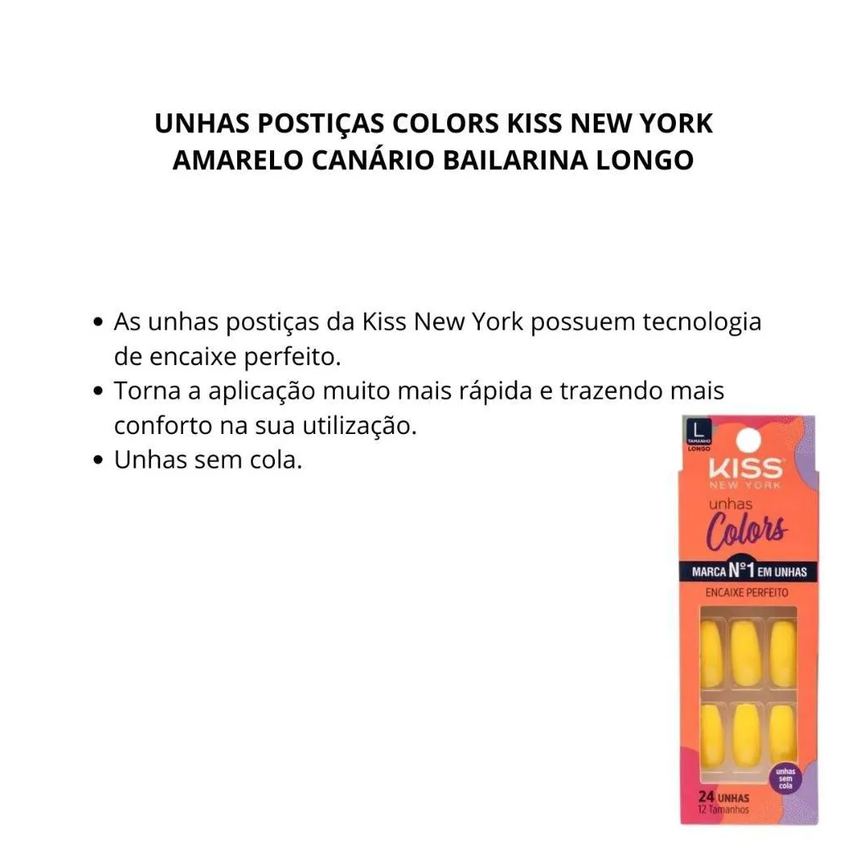 Unhas Postiças Colors Kiss New York Amarelo Canário Bailarina Longo