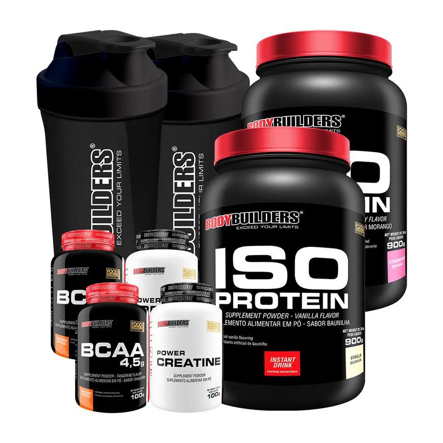 Kit 2x Iso Protein 900g + 2x Bcaa 4.5 100g + 2x Power Creatina 100g + 2x Coqueteleira - Bodybuilders Baunilha e Morango
