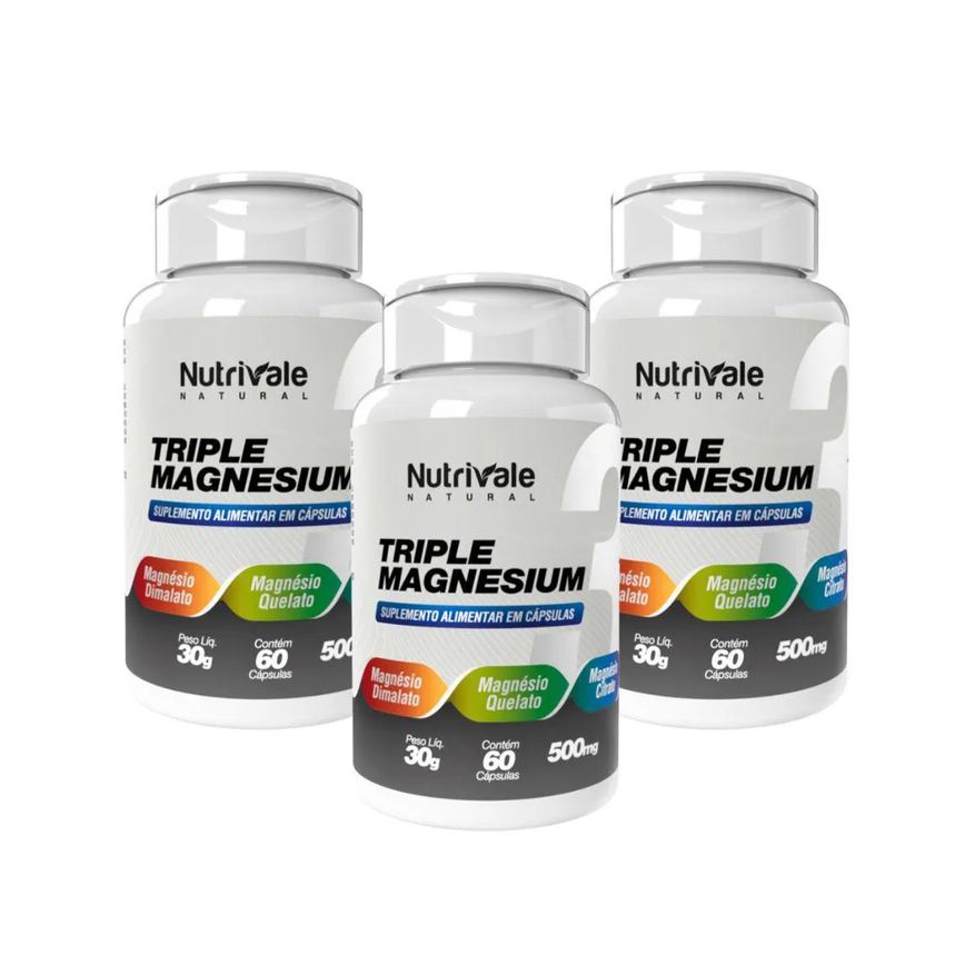 Kit 3x Triple Magnesio Quelato Dimalato Citrato 60 cápsulas Incolor sem Sabor