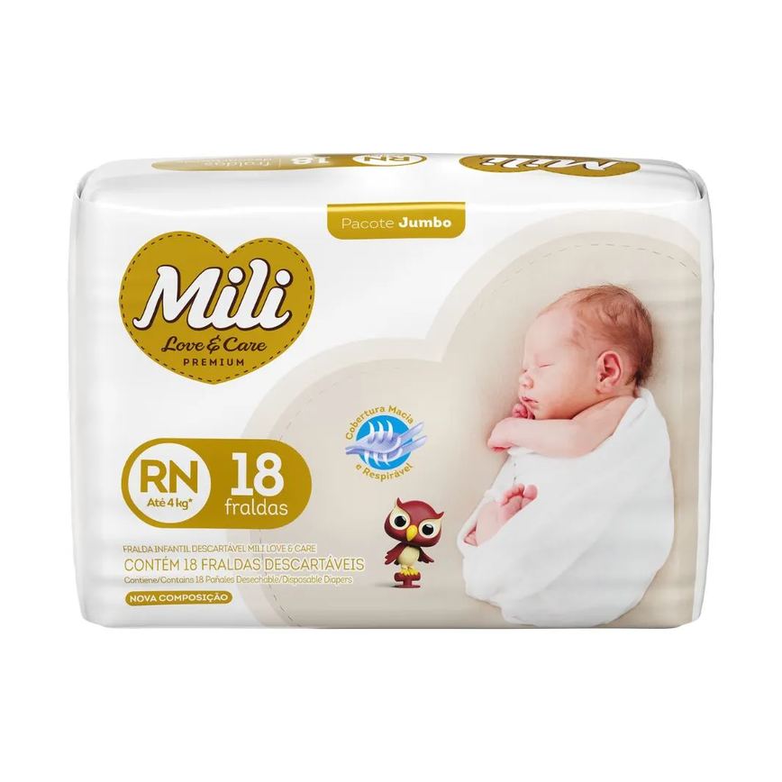 Fralda Mili Love E Care Premium Com 18 Tamanho Rn Jumbo