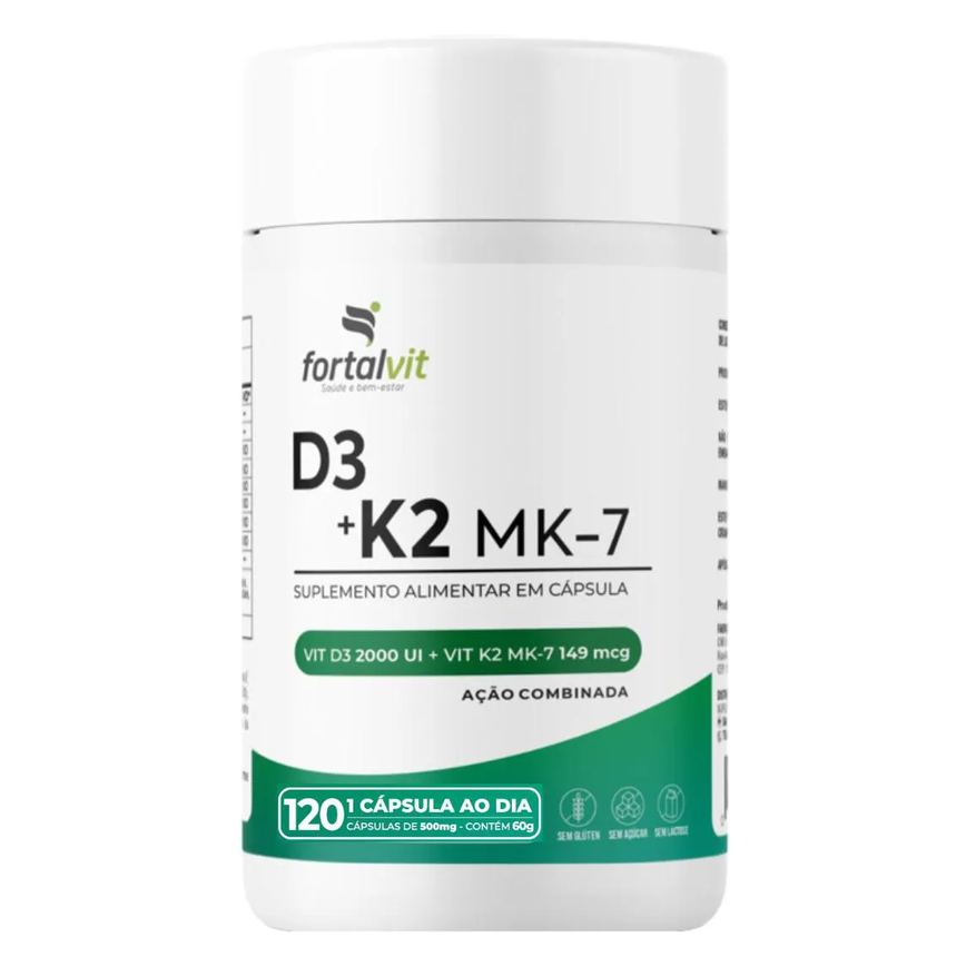 D3 2000UI + Vitamina K2 (Menaquinona-7), 120 Cápsulas, 4 meses, Ação Combinada, Fortalvit