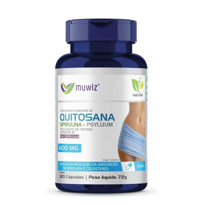 Quitosana, Spirulina, Psyllium, B1 e Cromo 120 cápsulas 600mg Muwiz