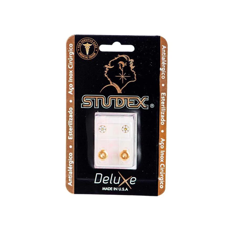 Brinco Antialérgico Studex Deluxe Daisy Dourado White Opal Sunflower com 1 par