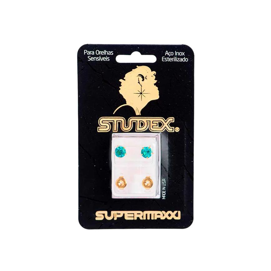 Brinco Studex Supermaxxi Dourado Pedra Verde com 1 par