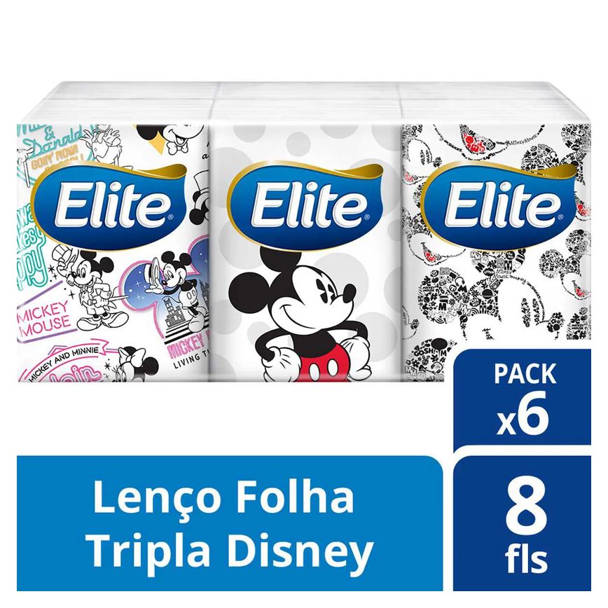 Kit Lenço de Bolso Elite Kids Folha Tripla Mickey 6 unidades