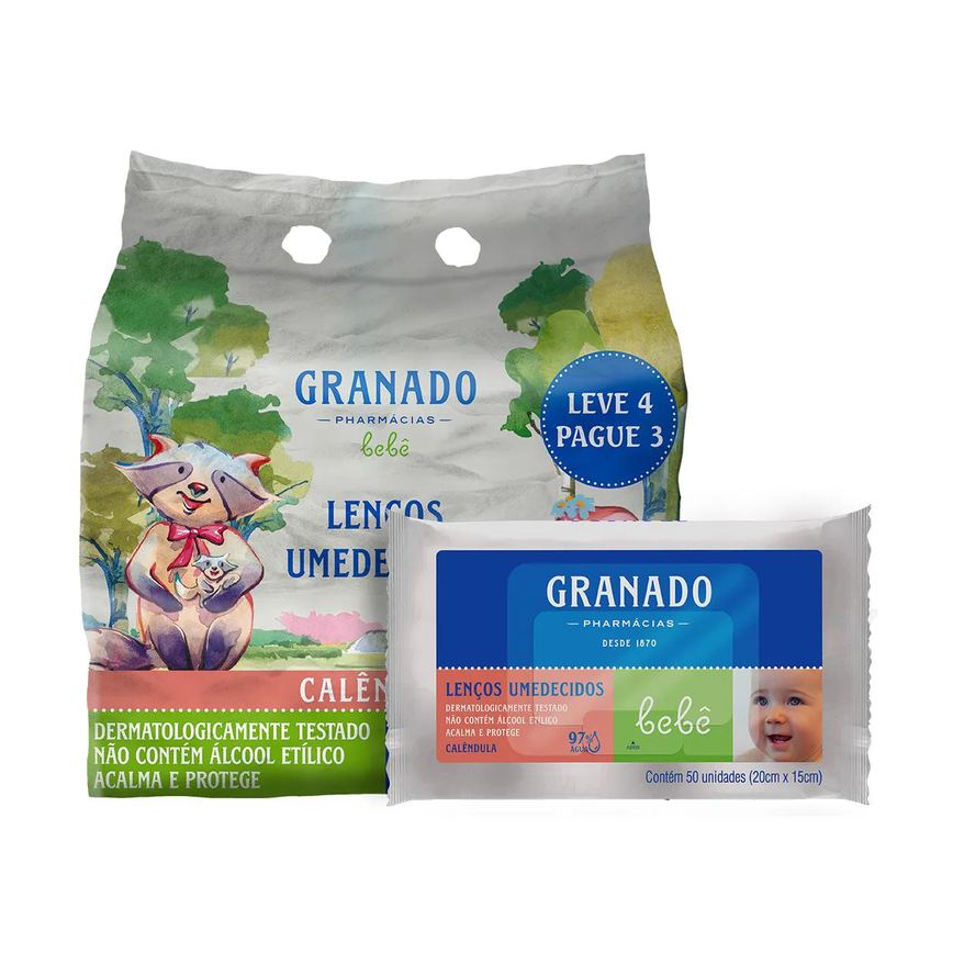 Kit Lenço Umedecido Granado Bebê Calêndula 4 pacotes de 50 unidades cada