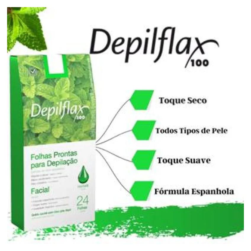 24 FOLHAS DEPILATóRIAS FACIAL BUçO SOBRANCELHA E NARIZ DEPILFLAX HORTELã REFRESCANTE