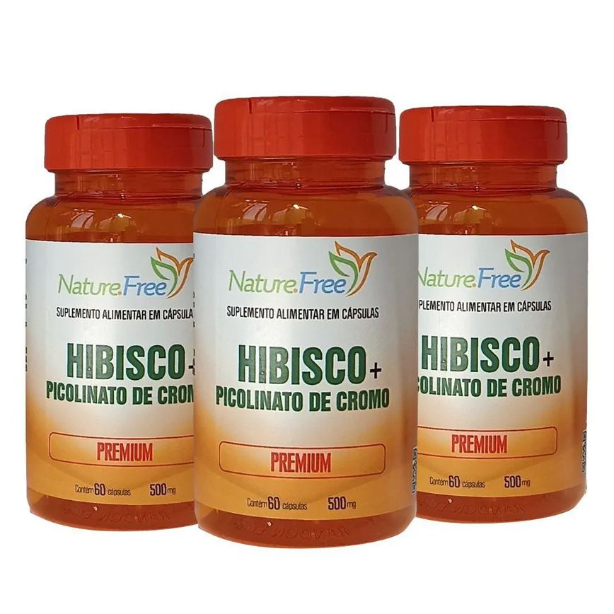 Kit 3 Hibisco + Picolinato de Cromo Premium 60 Cápsulas 500mg