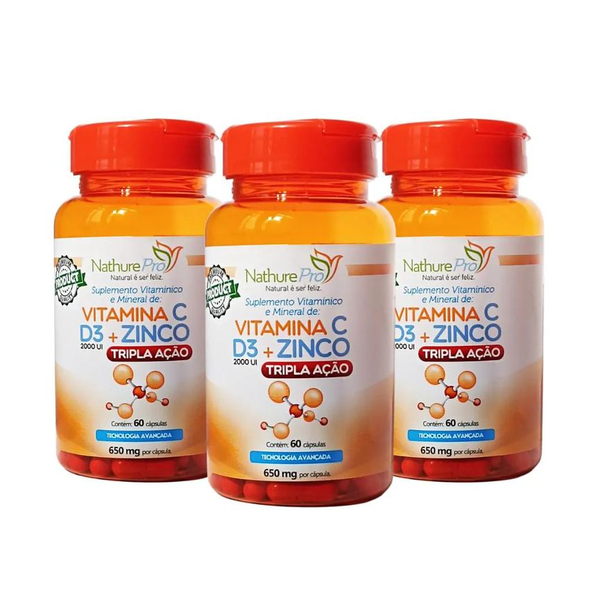 KIT 3 VITAMINA C + D3 + ZINCO (TRIPLA AçãO) 60 CáPSULAS 650MG