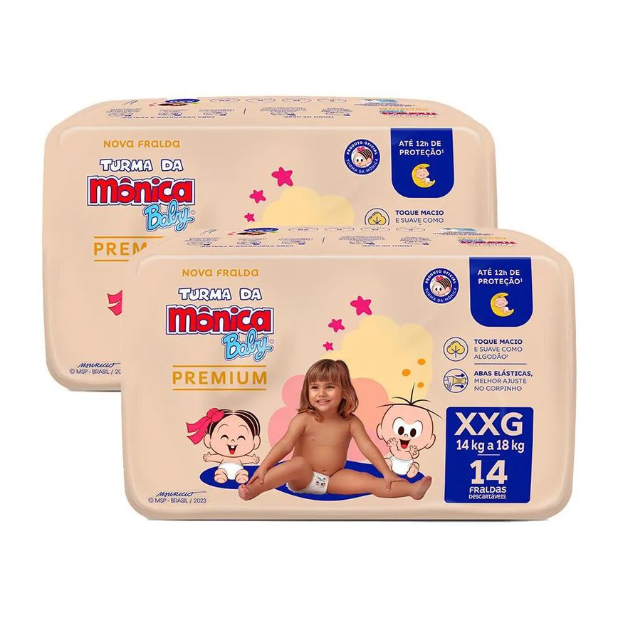 Kit 2 Fralda Turma da Mônica Baby Premium Jumbo XXG com 14un cada