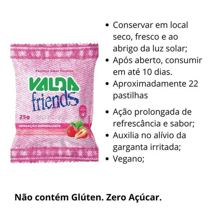 Valda Friends Pastilha Sabor Morango 10 Sachês de 25g Cada