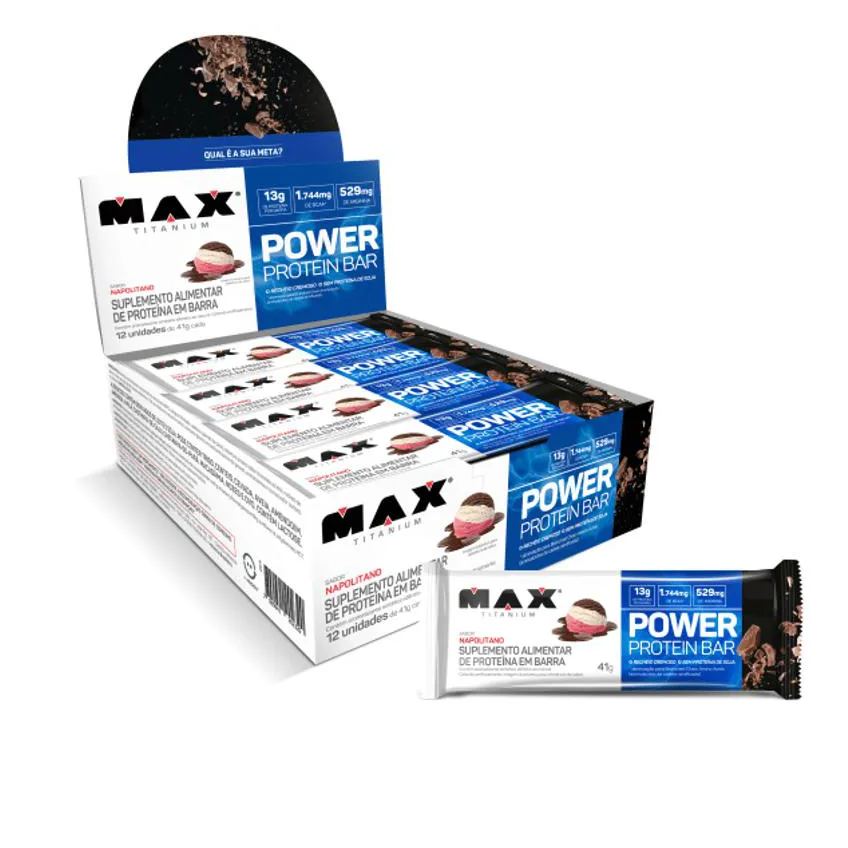 Power Protein Bar 41g Sabor Napolitano – Barras de Proteína 12un – Max Titanium Caixa C12 unidades