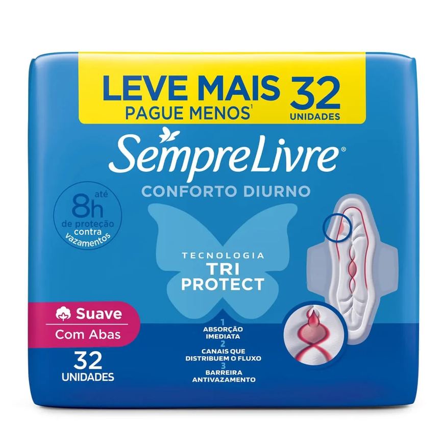 Absorvente Sempre Livre Conforto Diurno Cobertura Suave Com Abas 32 Unidades